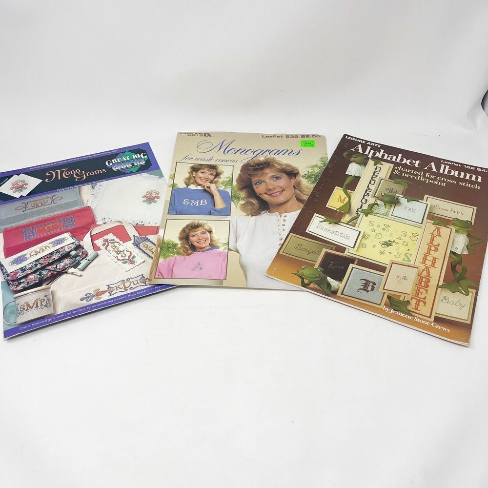 Lot of 3 Counted Cross Stitch‎ Alphabet Monogram Patterns Leaflets Vintage